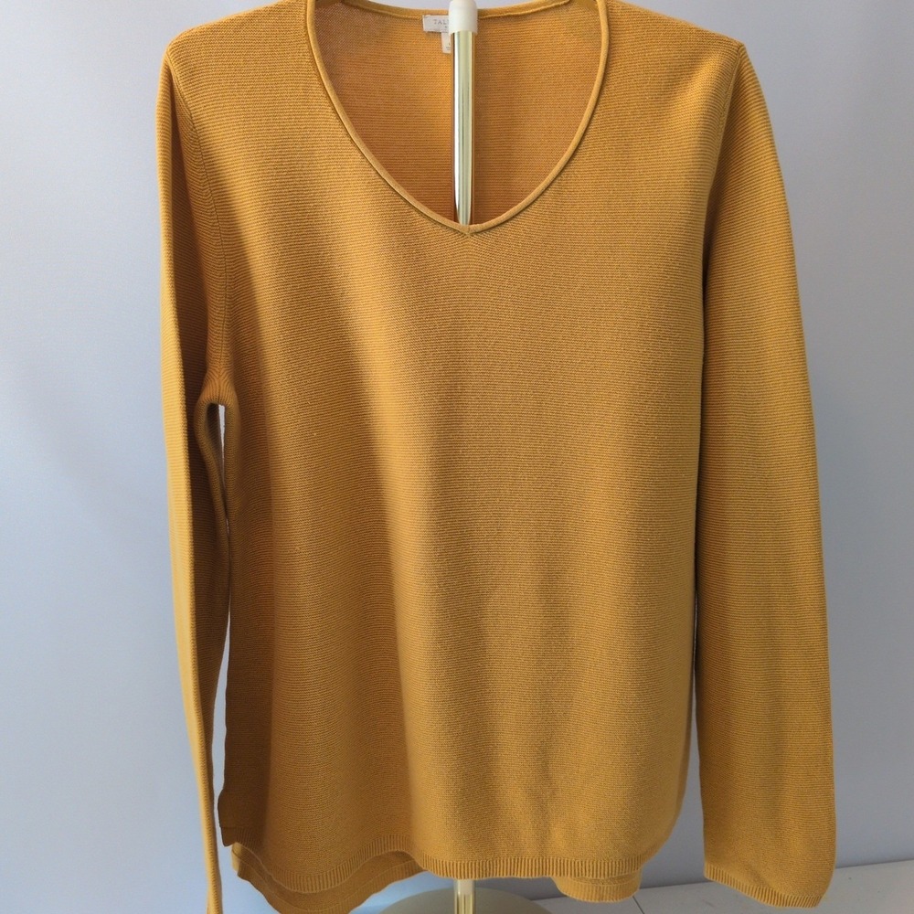 Talbots Sweater Women L Mustard Yellow Cotton V-Neck Textured Knit Long Sleeve